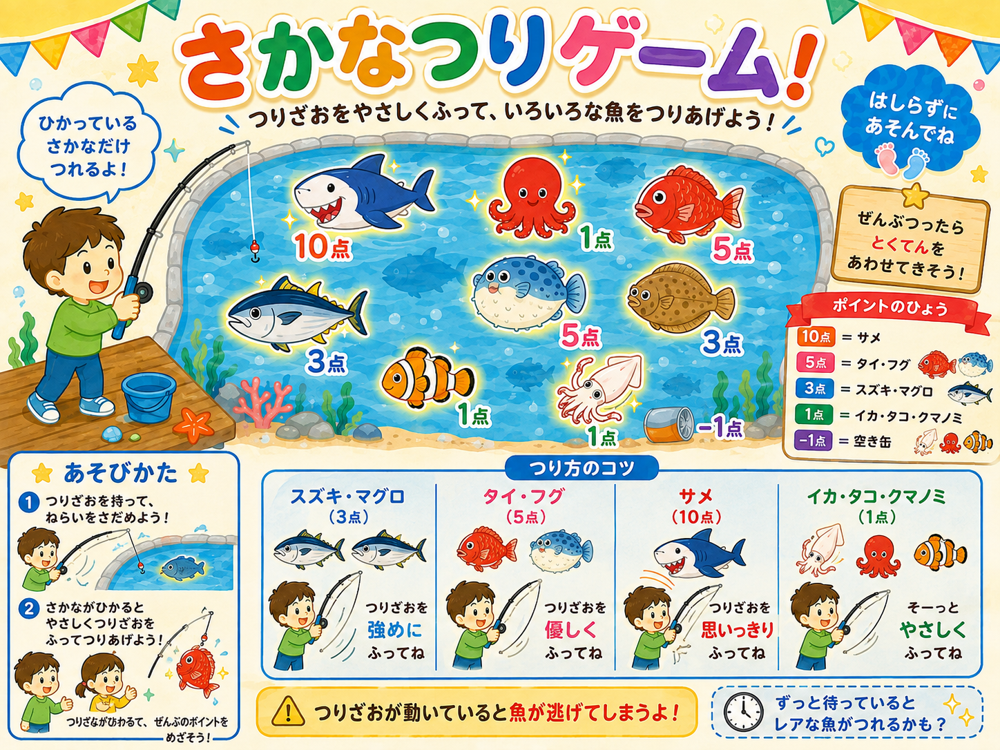 さかなつりゲームの遊び方と得点を紹介する子ども向け資料